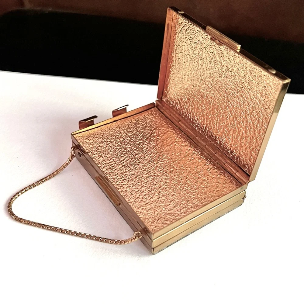 Retro Vintage Gold Tone Metal Glitter Compact Makeup Bag Purse Case Travel